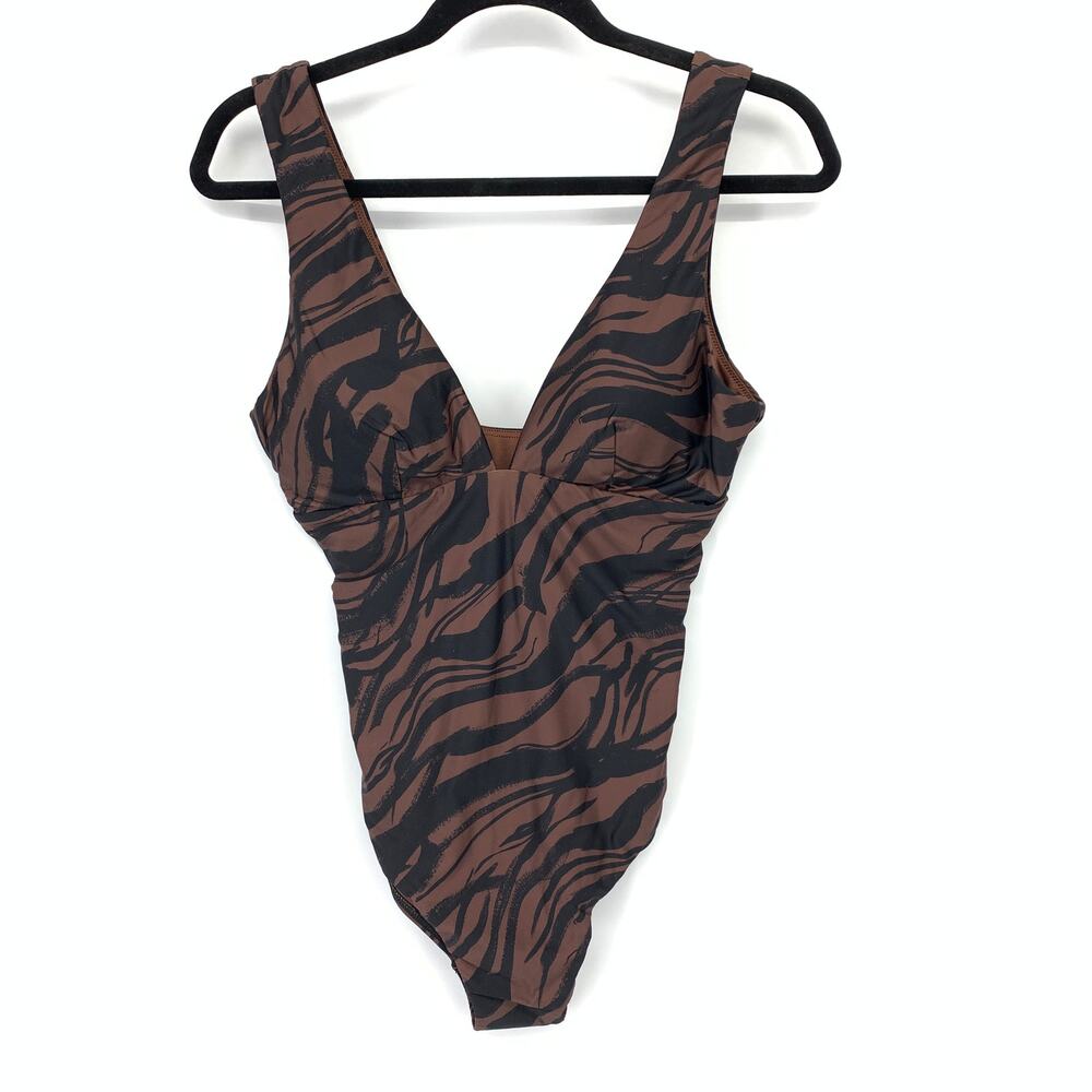JETS Australia V-Neck One-Piece Swimsuit Womens Sz US 8 Nomad Brown Black Print